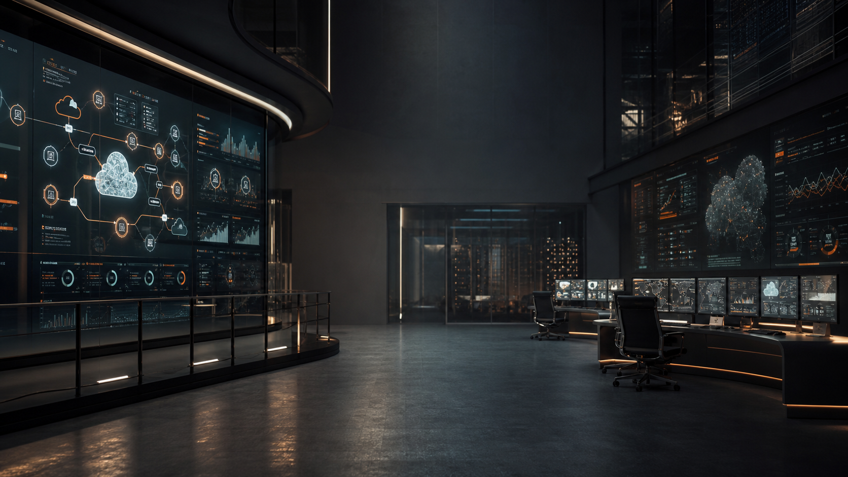 AI operations command room with analytics and cloud infrastructure displays