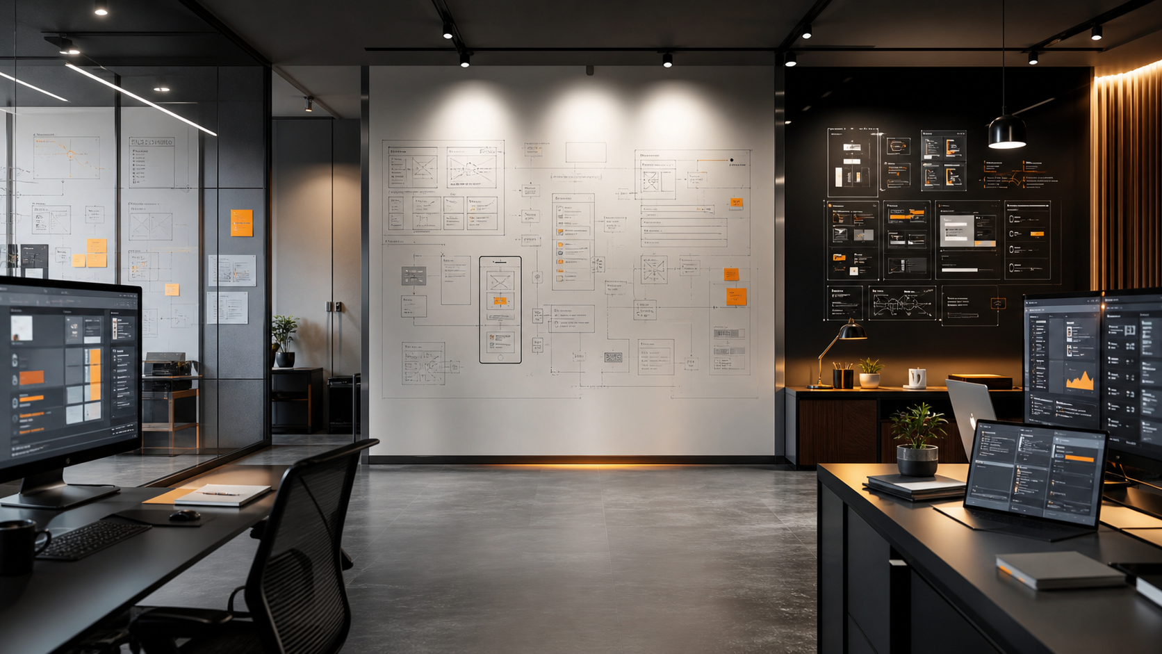 Software strategy studio with product interfaces and architecture diagrams
