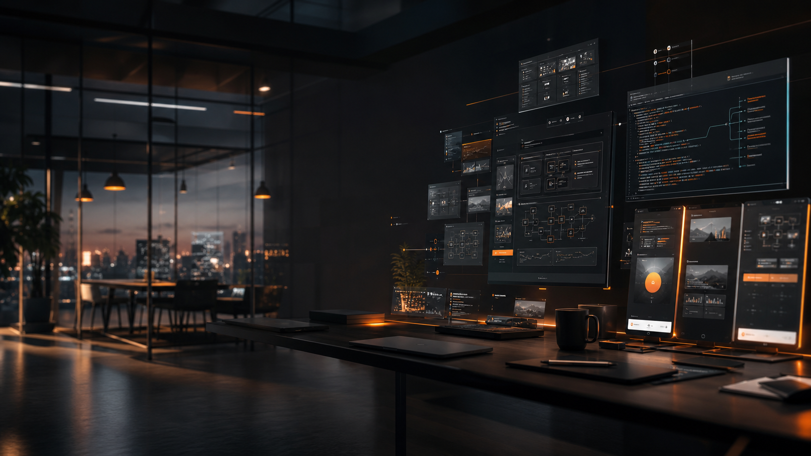 Software strategy studio with product interfaces and architecture diagrams